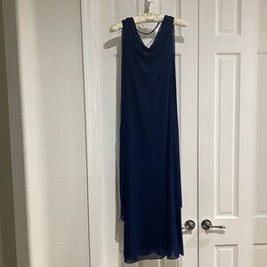 Maxi Bodycon w/Watteau Train Dress, XS, Navy, Sleeveless Backless Draped Necklin